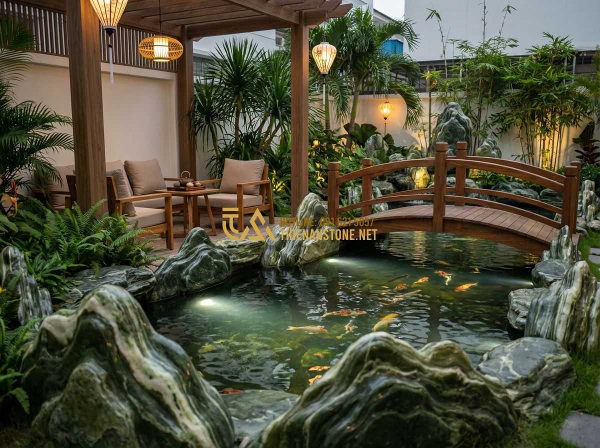 Thi Công Hồ Cá Koi Sân Vườn Đẹp Theo Phong Thủy - Mẫu Thiết Kế Tiểu Cảnh Hot Nhất - Tạo ảnh tiếng Anh: A beautiful evening scene of a finished backyard Koi pond pro