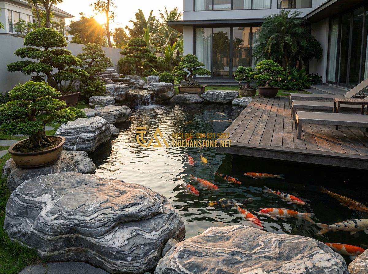 Thi Công Hồ Cá Koi Tại Hà Nội, Đà Nẵng, Long An - Đơn Vị Chuyên Nghiệp Uy Tín - Tạo ảnh tiếng Anh: A luxury Koi pond in a modern Hanoi villa courtyard, featurin
