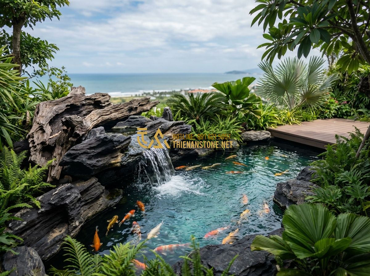 Thi Công Hồ Cá Koi Tại Hà Nội, Đà Nẵng, Long An - Đơn Vị Chuyên Nghiệp Uy Tín - Tạo ảnh tiếng Anh: A stunning outdoor Koi pond in Da Nang with a view of the oce