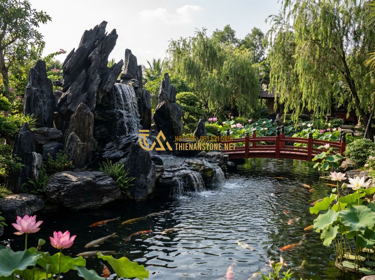 Thi Công Hồ Cá Koi Tại Hà Nội, Đà Nẵng, Long An - Đơn Vị Chuyên Nghiệp Uy Tín - Tạo ảnh tiếng Anh: A sprawling large-scale Koi pond in a countryside villa in Lo