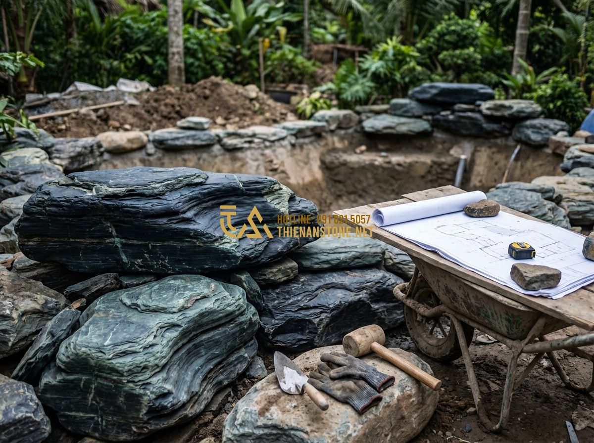 Thi Công Hồ Cá Koi Tại Hà Nội, Đà Nẵng, Long An - Đơn Vị Chuyên Nghiệp Uy Tín - Tạo ảnh tiếng Anh: Skilled artisans working on a Koi pond construction site, car