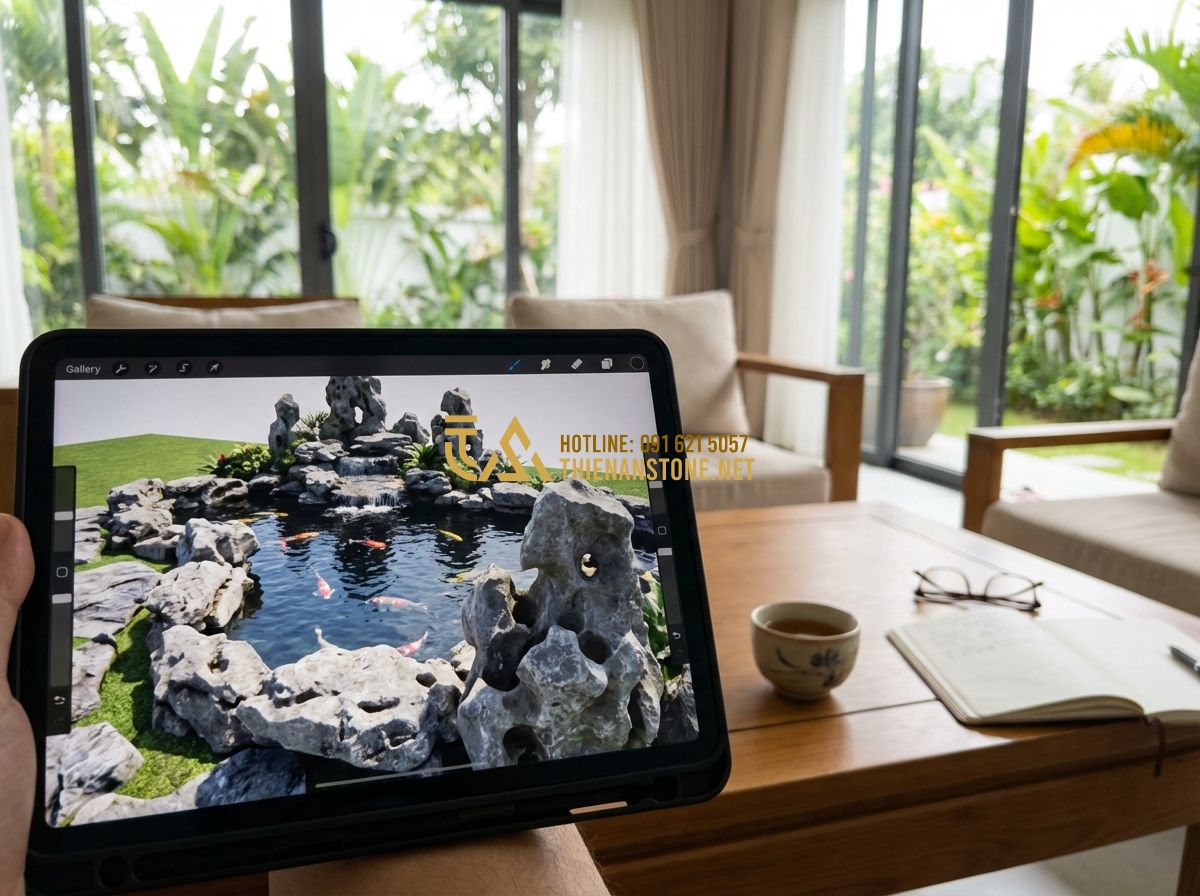Thi Công Hồ Cá Koi Tại Hà Nội, Đà Nẵng, Long An - Đơn Vị Chuyên Nghiệp Uy Tín - Tạo ảnh tiếng Anh: A professional architect presenting a highly detailed 3D desi