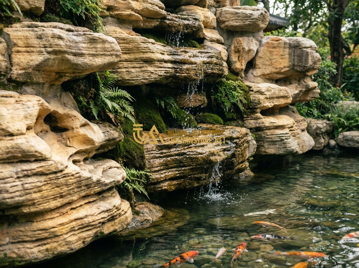 Thi Công Hồ Cá Koi Tại Hà Nội, Đà Nẵng, Long An - Đơn Vị Chuyên Nghiệp Uy Tín - Tạo ảnh tiếng Anh: Close-up of natural ancient stone (Co Thach stone) textures u