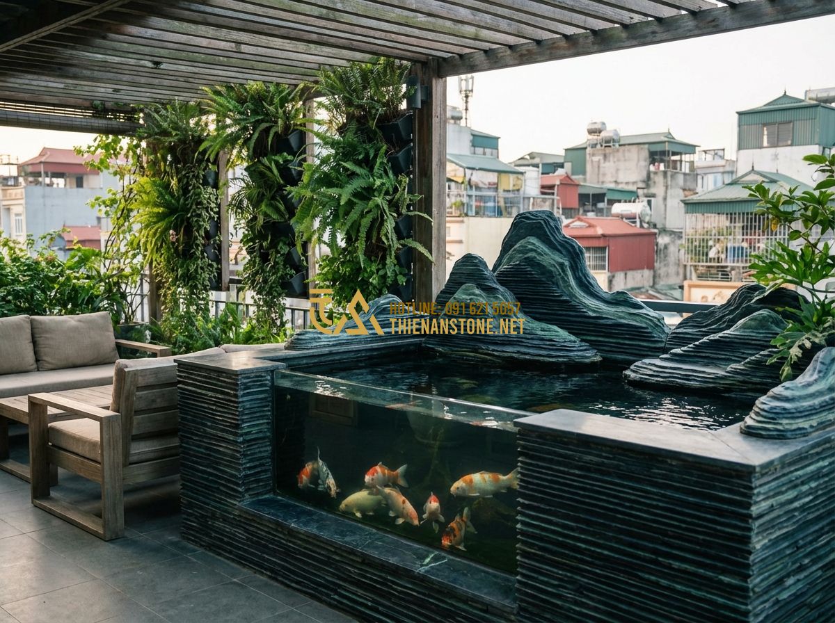 Thi Công Hồ Cá Koi Tại Hà Nội, Đà Nẵng, Long An - Đơn Vị Chuyên Nghiệp Uy Tín - Tạo ảnh tiếng Anh: A charming small-scale "Mini" Koi pond on a rooftop terrace i