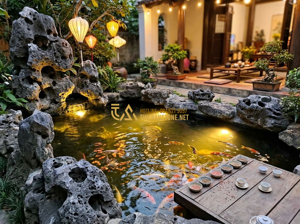 Thi Công Hồ Cá Koi Tại Hà Nội, Đà Nẵng, Long An - Đơn Vị Chuyên Nghiệp Uy Tín - Tạo ảnh tiếng Anh: A heartwarming evening scene of a multi-generational Vietname