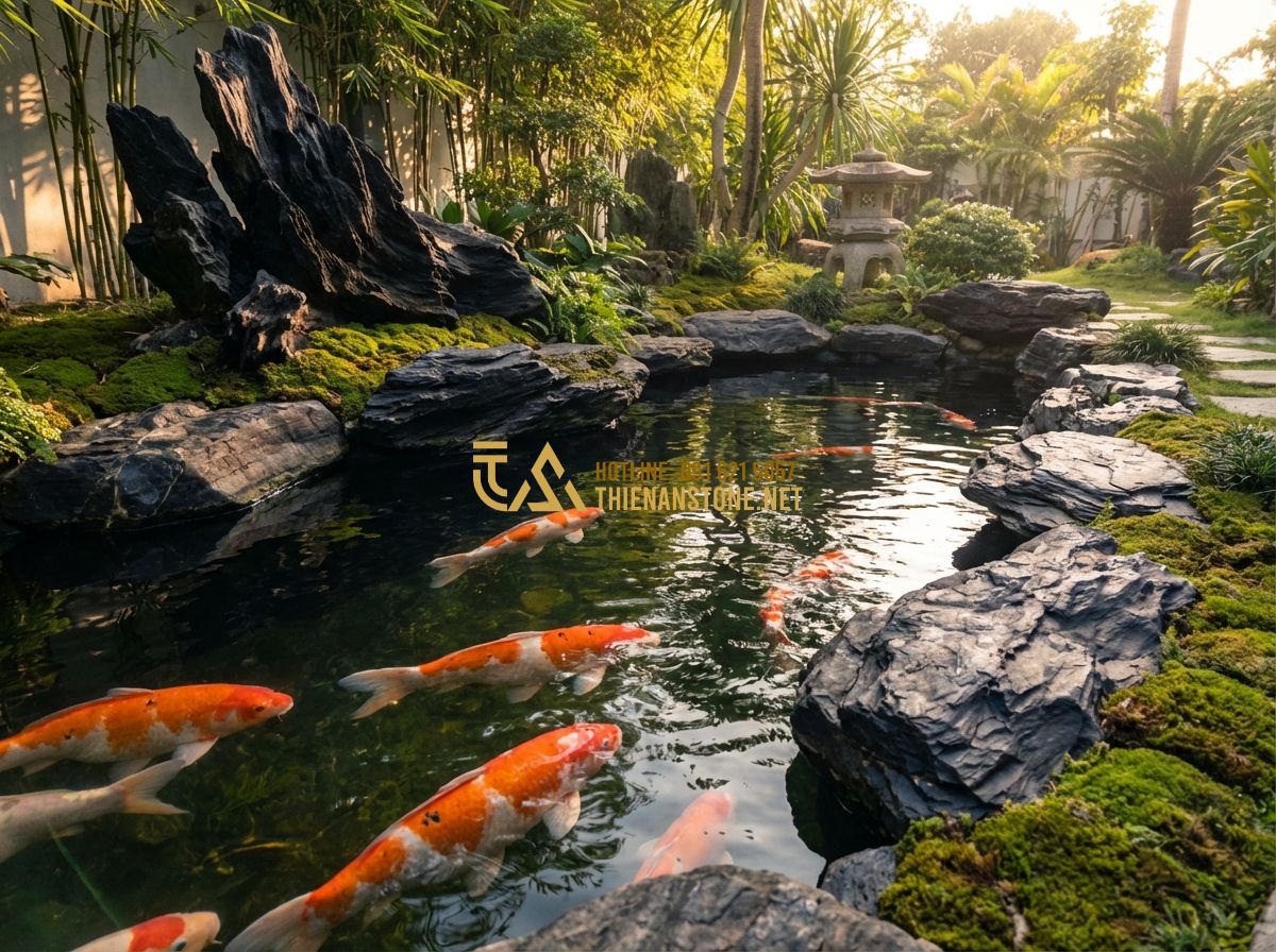 Thi Công Hồ Cá Koi Theo Phong Thủy: Hướng Dẫn Chi Tiết & Những Kiêng Kỵ - Hình 1 Thi Công Hồ Cá Koi Theo Phong Thủy: Hướng Dẫn Chi Tiết & Những Kiêng Kỵ - Tạo ảnh tiếng Anh: A high-end outdoor Koi pond with crystal clear water, vibrant
