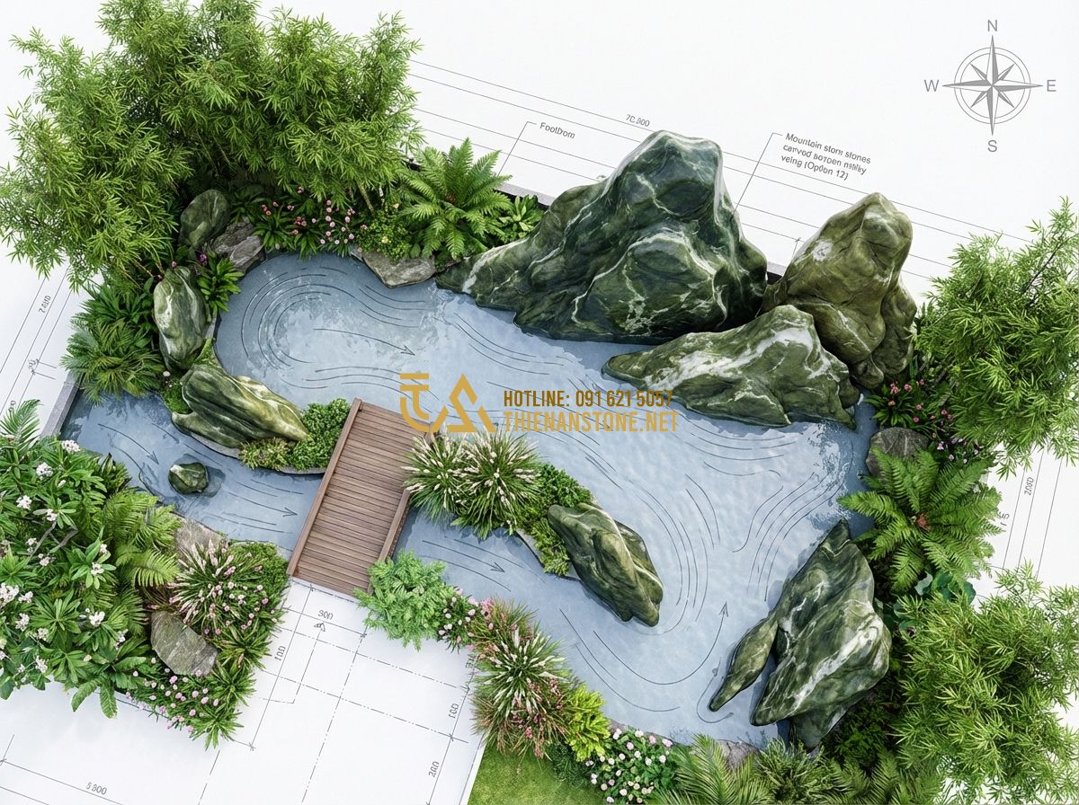 Thi Công Hồ Cá Koi Theo Phong Thủy: Hướng Dẫn Chi Tiết & Những Kiêng Kỵ - Hình 2 Thi Công Hồ Cá Koi Theo Phong Thủy: Hướng Dẫn Chi Tiết & Những Kiêng Kỵ - Tạo ảnh tiếng Anh: Professional architectural drawing of a feng shui-compliant K