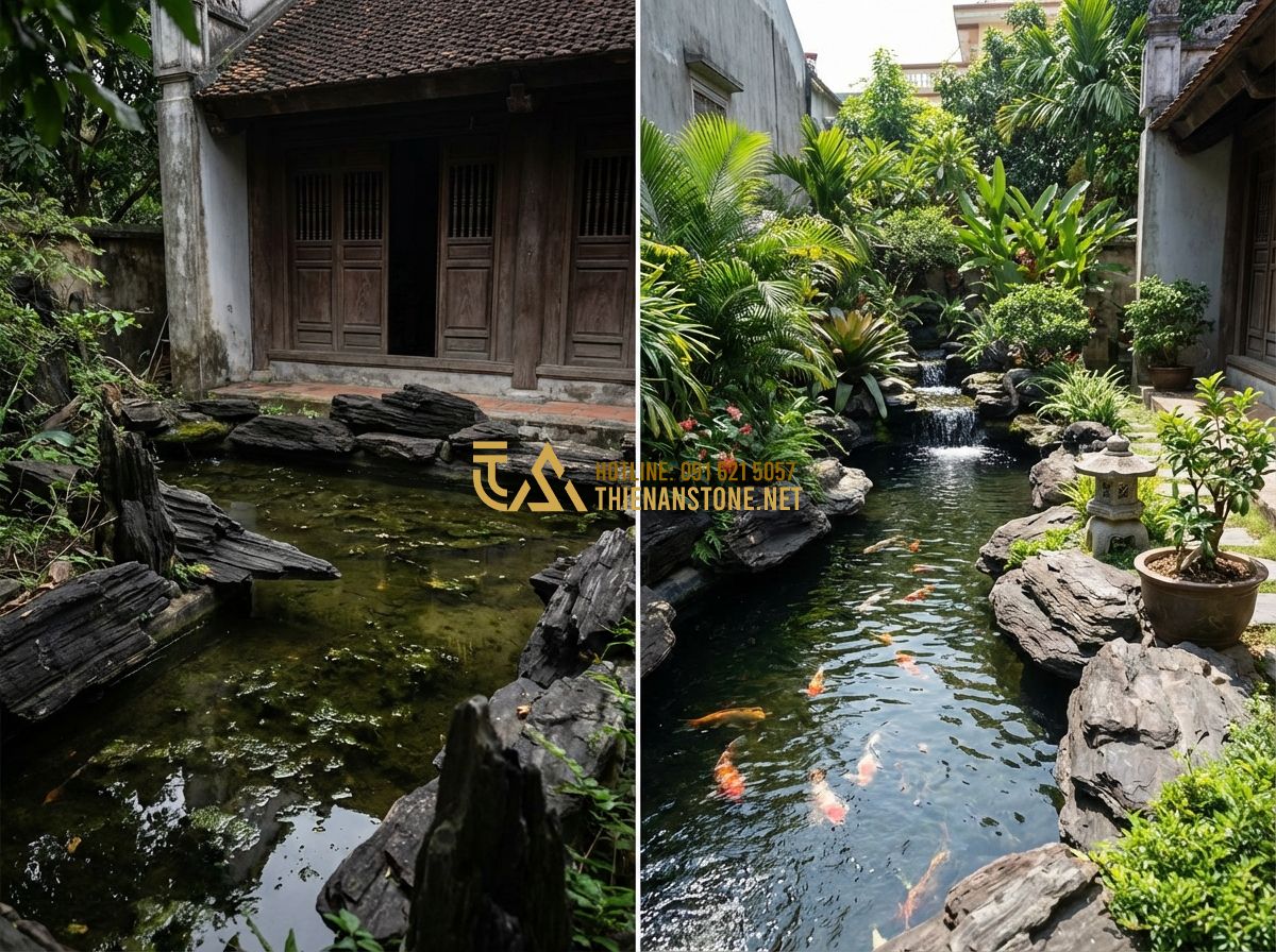 Thi Công Hồ Cá Koi Theo Phong Thủy: Hướng Dẫn Chi Tiết & Những Kiêng Kỵ - Hình 5 Thi Công Hồ Cá Koi Theo Phong Thủy: Hướng Dẫn Chi Tiết & Những Kiêng Kỵ - Tạo ảnh tiếng Anh: A warning illustration showing common mistakes in Koi pond pl