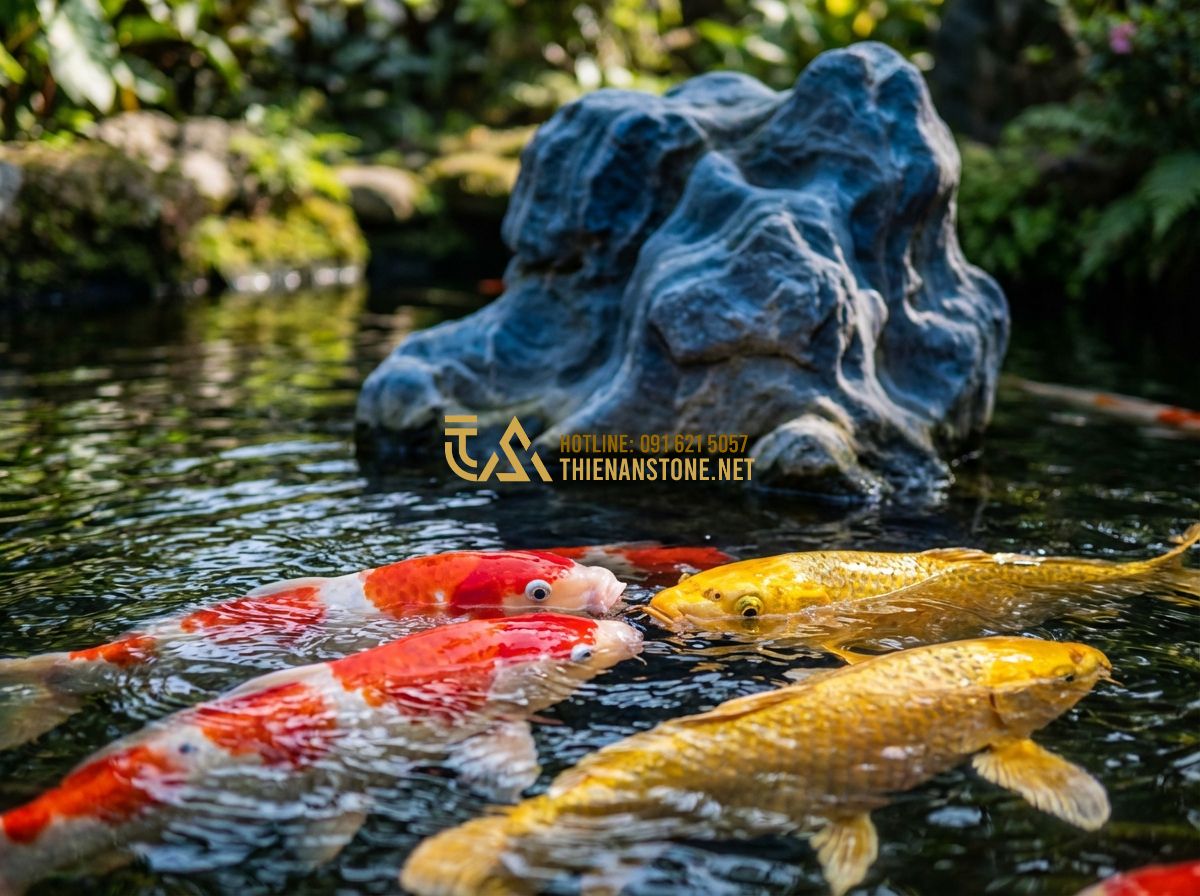 Thi Công Hồ Cá Koi Theo Phong Thủy: Hướng Dẫn Chi Tiết & Những Kiêng Kỵ - Hình 6 Thi Công Hồ Cá Koi Theo Phong Thủy: Hướng Dẫn Chi Tiết & Những Kiêng Kỵ - Tạo ảnh tiếng Anh: A close-up shot of several high-quality Japanese Koi fish, in