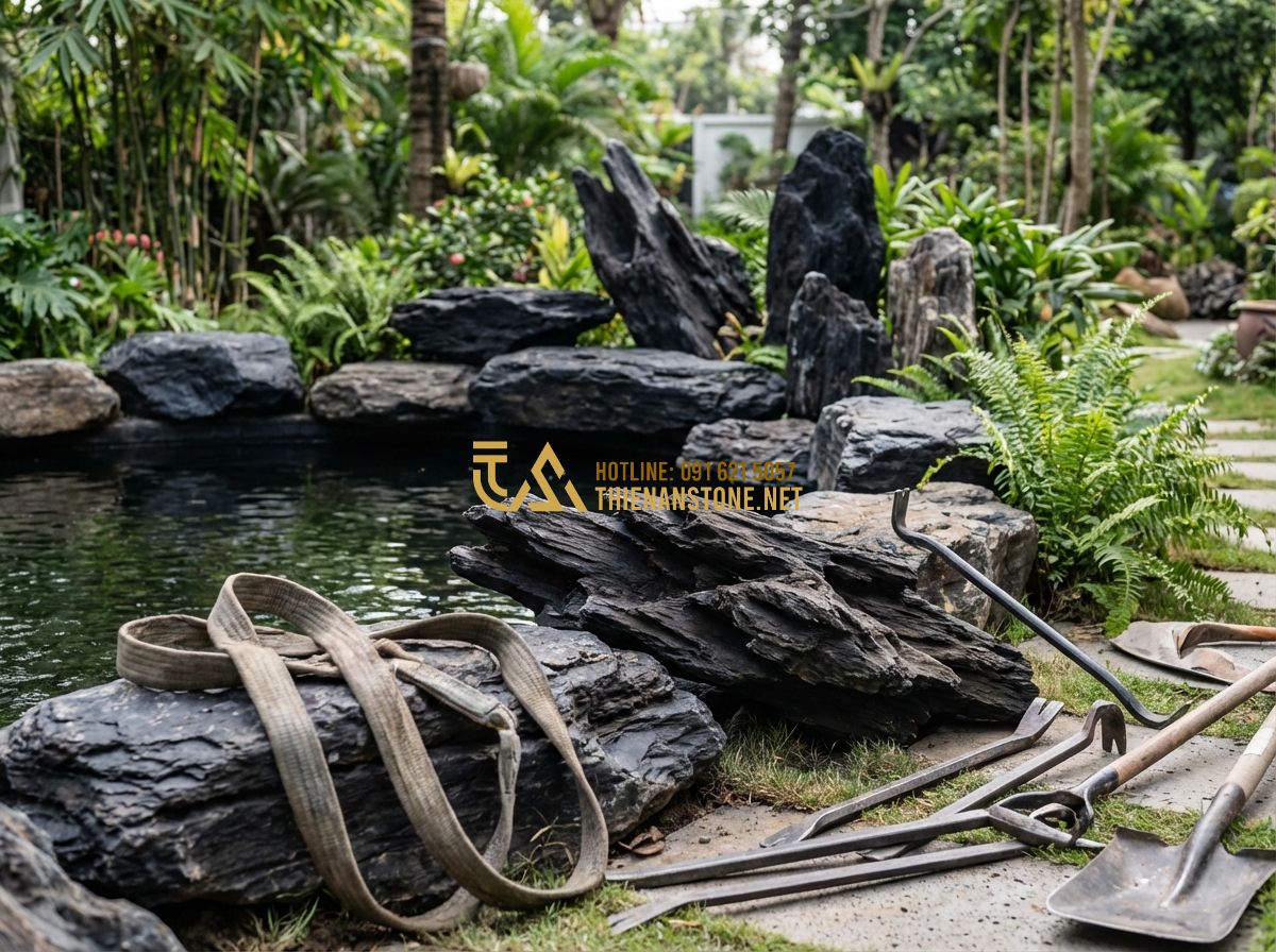 Thi Công Hồ Cá Koi Theo Phong Thủy: Hướng Dẫn Chi Tiết & Những Kiêng Kỵ - Hình 7 Thi Công Hồ Cá Koi Theo Phong Thủy: Hướng Dẫn Chi Tiết & Những Kiêng Kỵ - Tạo ảnh tiếng Anh: A group of skilled artisans from Thien An Stone working toget