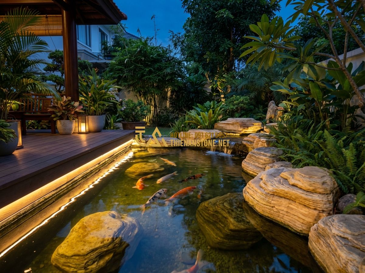 Thi Công Hồ Cá Koi Theo Phong Thủy: Hướng Dẫn Chi Tiết & Những Kiêng Kỵ - Hình 8 Thi Công Hồ Cá Koi Theo Phong Thủy: Hướng Dẫn Chi Tiết & Những Kiêng Kỵ - Tạo ảnh tiếng Anh: A serene evening scene of the finished Koi pond at a private