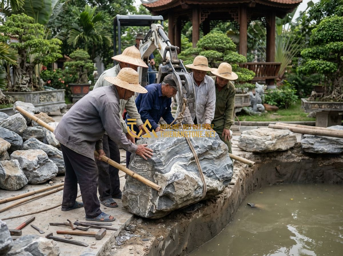 Thi Công Hồ Cá Koi Trong Nhà & Ngoài Trời: Giải Pháp Tối Ưu Cho Mọi Không Gian - Tạo ảnh tiếng Anh: A group of skilled artisans from Thien An Stone Workshop care