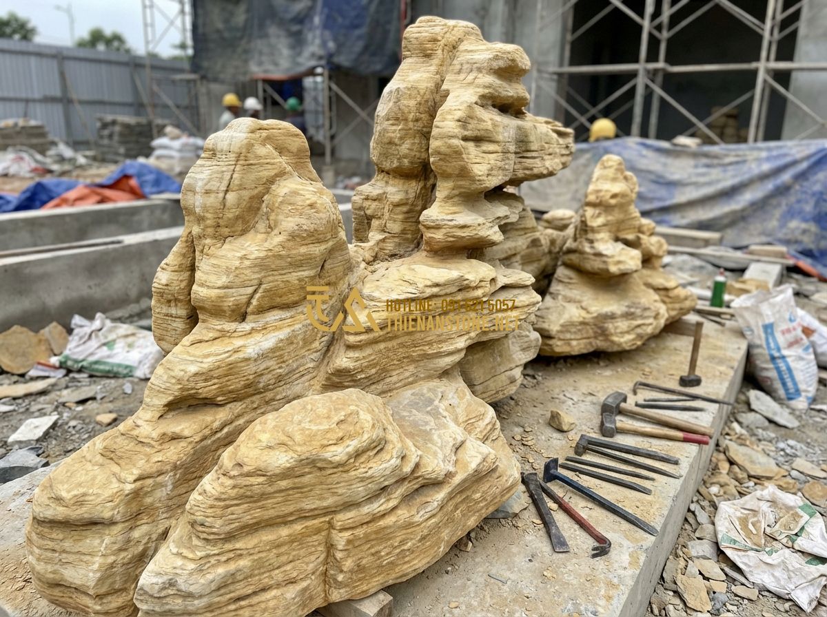 Thi Công Hòn Non Bộ Đẹp: Hướng Dẫn Chi Tiết Từ A-Z Năm 2024 - Hình 3 Thi Công Hòn Non Bộ Đẹp: Hướng Dẫn Chi Tiết Từ A-Z Năm 2024 - Tạo ảnh tiếng Anh: Professional construction workers carefully assembling a larg