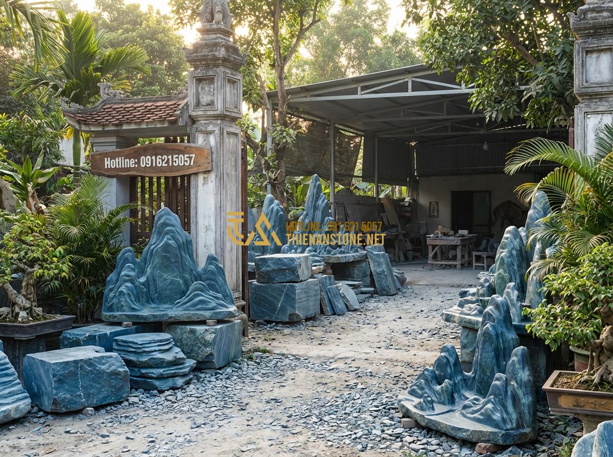 Thi Công Hòn Non Bộ Đẹp: Hướng Dẫn Chi Tiết Từ A-Z Năm 2024 - Hình 6 Thi Công Hòn Non Bộ Đẹp: Hướng Dẫn Chi Tiết Từ A-Z Năm 2024 - Tạo ảnh tiếng Anh: The entrance of "Thien An Stone Craft Workshop" in Phu Tho, V