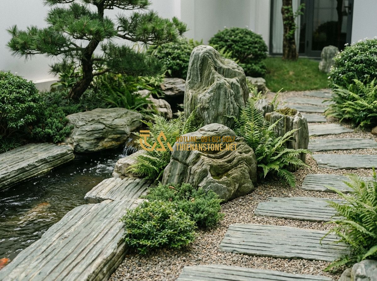 Thiết Kế Sân Vườn 100m2, 200m2, 1000m2 Đẹp Theo Diện Tích - Hình 4 Thiết Kế Sân Vườn 100m2, 200m2, 1000m2 Đẹp Theo Diện Tích - Tạo ảnh tiếng Anh: Showcase of various natural stones for garden design includin