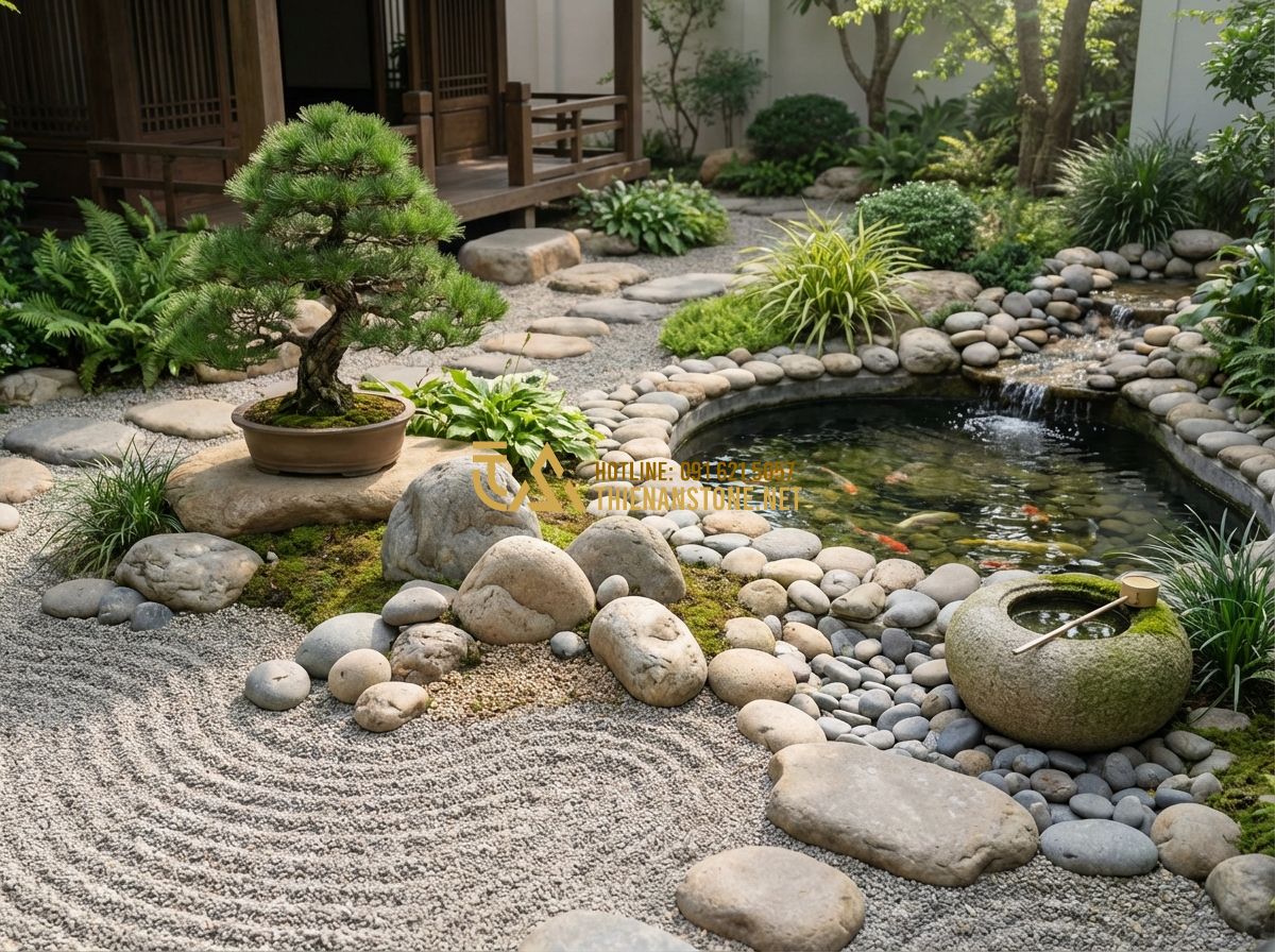 Thiết Kế Sân Vườn 100m2, 200m2, 1000m2 Đẹp Theo Diện Tích - Hình 6 Thiết Kế Sân Vườn 100m2, 200m2, 1000m2 Đẹp Theo Diện Tích - Tạo ảnh tiếng Anh: A Zen garden layout featuring feng shui elements: a stone wat