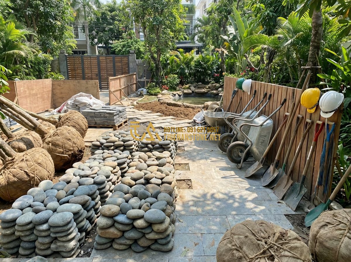 Thiết Kế Sân Vườn 100m2, 200m2, 1000m2 Đẹp Theo Diện Tích - Hình 7 Thiết Kế Sân Vườn 100m2, 200m2, 1000m2 Đẹp Theo Diện Tích - Tạo ảnh tiếng Anh: A professional construction team from Thien An Stone working