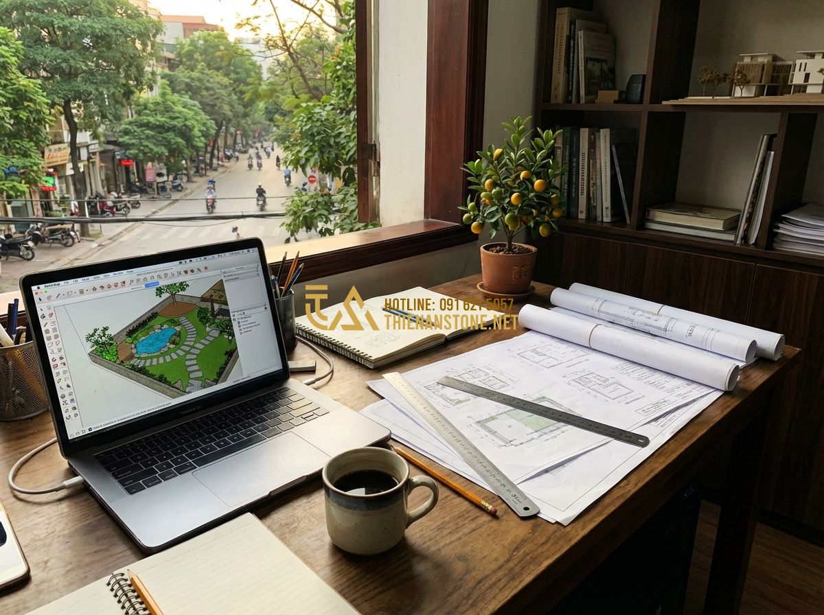 Thiết Kế Sân Vườn Bằng SketchUp - Hướng Dẫn Chi Tiết Cho Người Mới - Hình 2 Thiết Kế Sân Vườn Bằng SketchUp - Hướng Dẫn Chi Tiết Cho Người Mới - Tạo ảnh tiếng Anh: A professional architect's workspace featuring a laptop showi