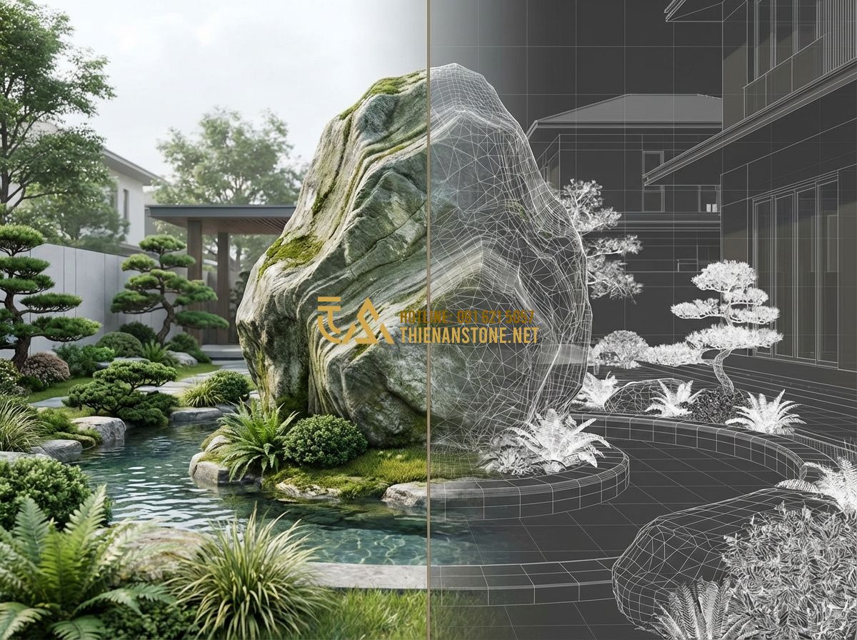 Thiết Kế Sân Vườn Bằng SketchUp - Hướng Dẫn Chi Tiết Cho Người Mới - Hình 4 Thiết Kế Sân Vườn Bằng SketchUp - Hướng Dẫn Chi Tiết Cho Người Mới - Tạo ảnh tiếng Anh: A conceptual split-screen image showing an AI-generated lush