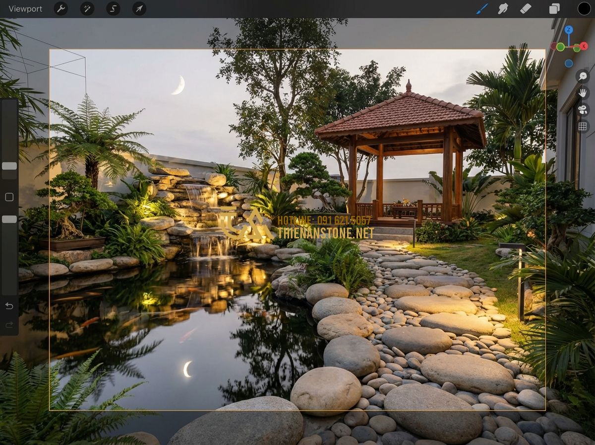 Thiết Kế Sân Vườn Bằng SketchUp - Hướng Dẫn Chi Tiết Cho Người Mới - Hình 6 Thiết Kế Sân Vườn Bằng SketchUp - Hướng Dẫn Chi Tiết Cho Người Mới - Tạo ảnh tiếng Anh: A stunning evening view of a garden design in a 3D software.