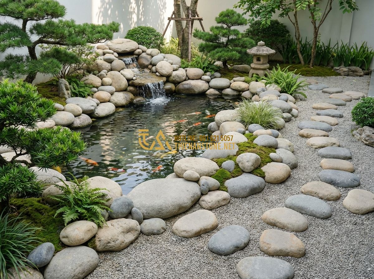 Thiết Kế Sân Vườn Đẹp 2025 - 50+ Mẫu Sân Vườn Đẹp Nhất Hiện Nay - Tạo ảnh tiếng Anh: A high-end Japanese-style Koi pond integrated into a backyard