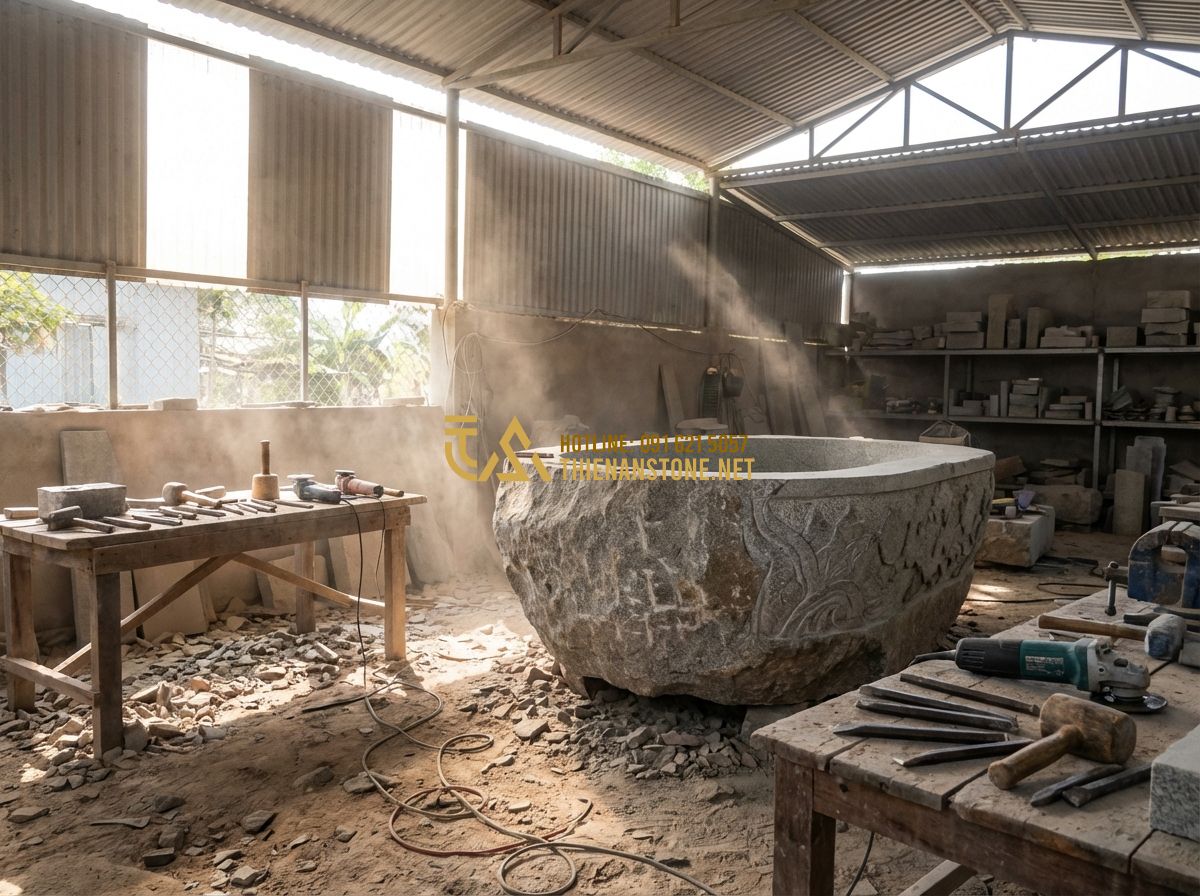 Thiết Kế Sân Vườn Đẹp 2025 - 50+ Mẫu Sân Vườn Đẹp Nhất Hiện Nay - Tạo ảnh tiếng Anh: A professional stone masonry workshop at Thien An Stone, skil