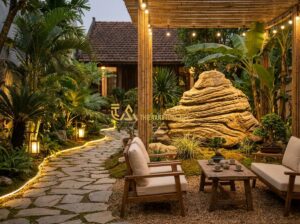 Thiết Kế Sân Vườn Homestay & Quán Cafe Sân Vườn Đẹp Thu Hút Khách - Tạo ảnh tiếng Anh: A high-end perspective of a boutique homestay garden at twili