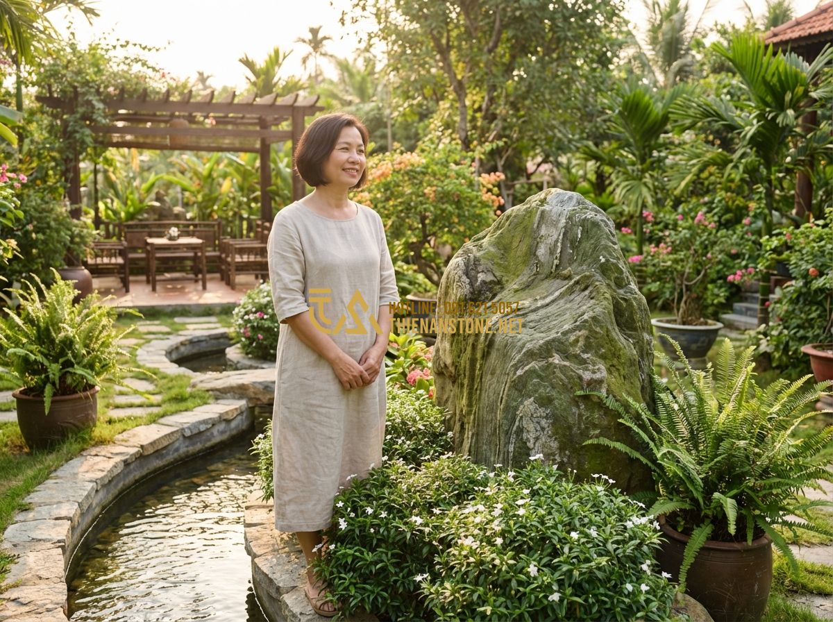 Thiết Kế Sân Vườn Homestay & Quán Cafe Sân Vườn Đẹp Thu Hút Khách - Hình 11 Thiết Kế Sân Vườn Homestay & Quán Cafe Sân Vườn Đẹp Thu Hút Khách - Tạo ảnh tiếng Anh: A happy female owner standing in her beautiful homestay garde