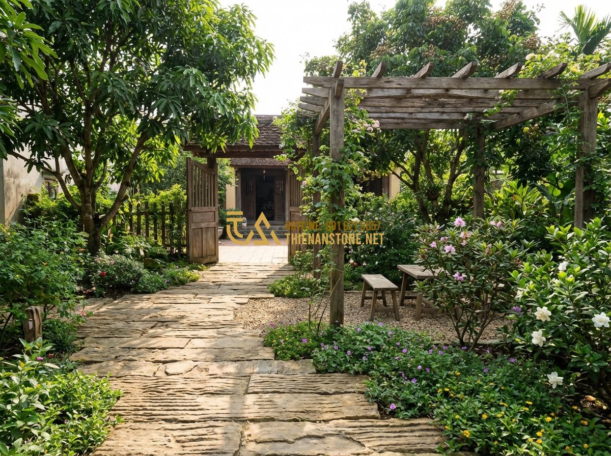 Thiết Kế Sân Vườn Nhà Cấp 4 Đẹp Đơn Giản - Mẫu Nhà Quê Sân Vườn Nông Thôn - Tạo ảnh tiếng Anh: Professional landscape layout design for a rural garden, show