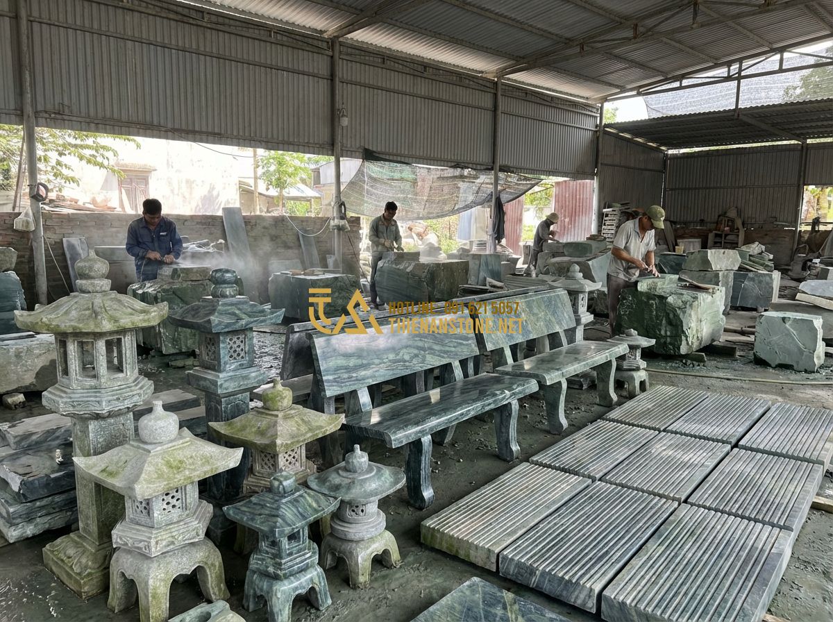 Thiết Kế Sân Vườn Nhà Cấp 4 Đẹp Đơn Giản - Mẫu Nhà Quê Sân Vườn Nông Thôn - Tạo ảnh tiếng Anh: Inside a professional stone craft workshop (Thien An Stone).