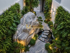 Thiết Kế Sân Vườn Nhà Ống 5-6m Đẹp & Tiết Kiệm Chi Phí - Tạo ảnh tiếng Anh: A high-end perspective of a narrow townhouse courtyard with 5