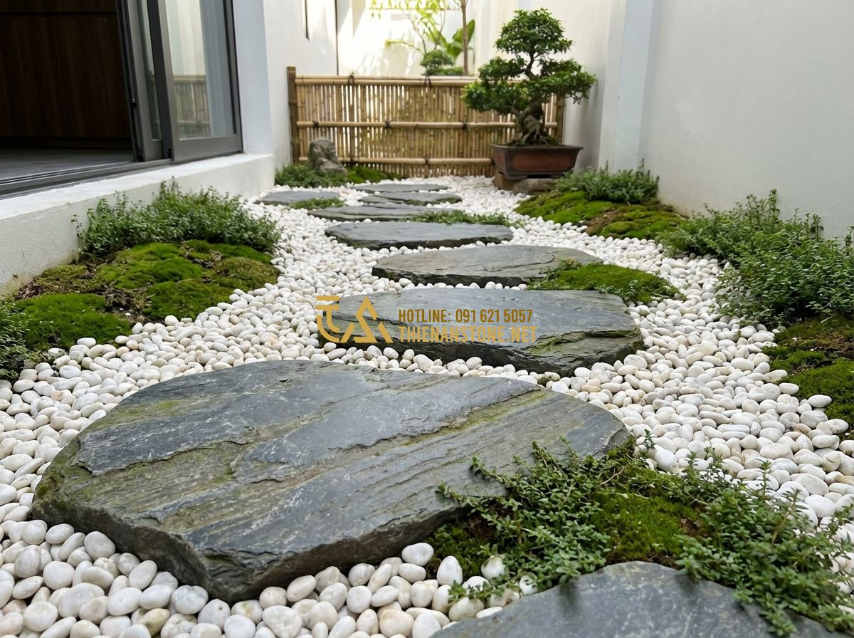 Thiết Kế Sân Vườn Nhà Ống 5-6m Đẹp & Tiết Kiệm Chi Phí - Hình 2 Thiết Kế Sân Vườn Nhà Ống 5-6m Đẹp & Tiết Kiệm Chi Phí - Tạo ảnh tiếng Anh: Close-up of a Zen-style garden path in a narrow 6-meter wide