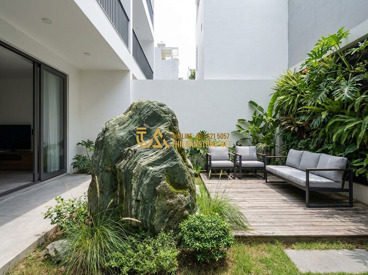 Thiết Kế Sân Vườn Nhà Ống 5-6m Đẹp & Tiết Kiệm Chi Phí - Hình 3 Thiết Kế Sân Vườn Nhà Ống 5-6m Đẹp & Tiết Kiệm Chi Phí - Tạo ảnh tiếng Anh: A modern minimalist townhouse garden design with a vertical p