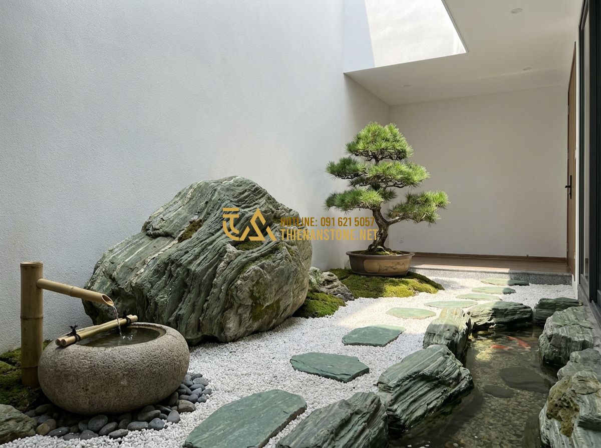 Thiết Kế Sân Vườn Nhà Ống 5-6m Đẹp & Tiết Kiệm Chi Phí - Hình 4 Thiết Kế Sân Vườn Nhà Ống 5-6m Đẹp & Tiết Kiệm Chi Phí - Tạo ảnh tiếng Anh: A Japanese Zen garden interior courtyard for a townhouse, fea