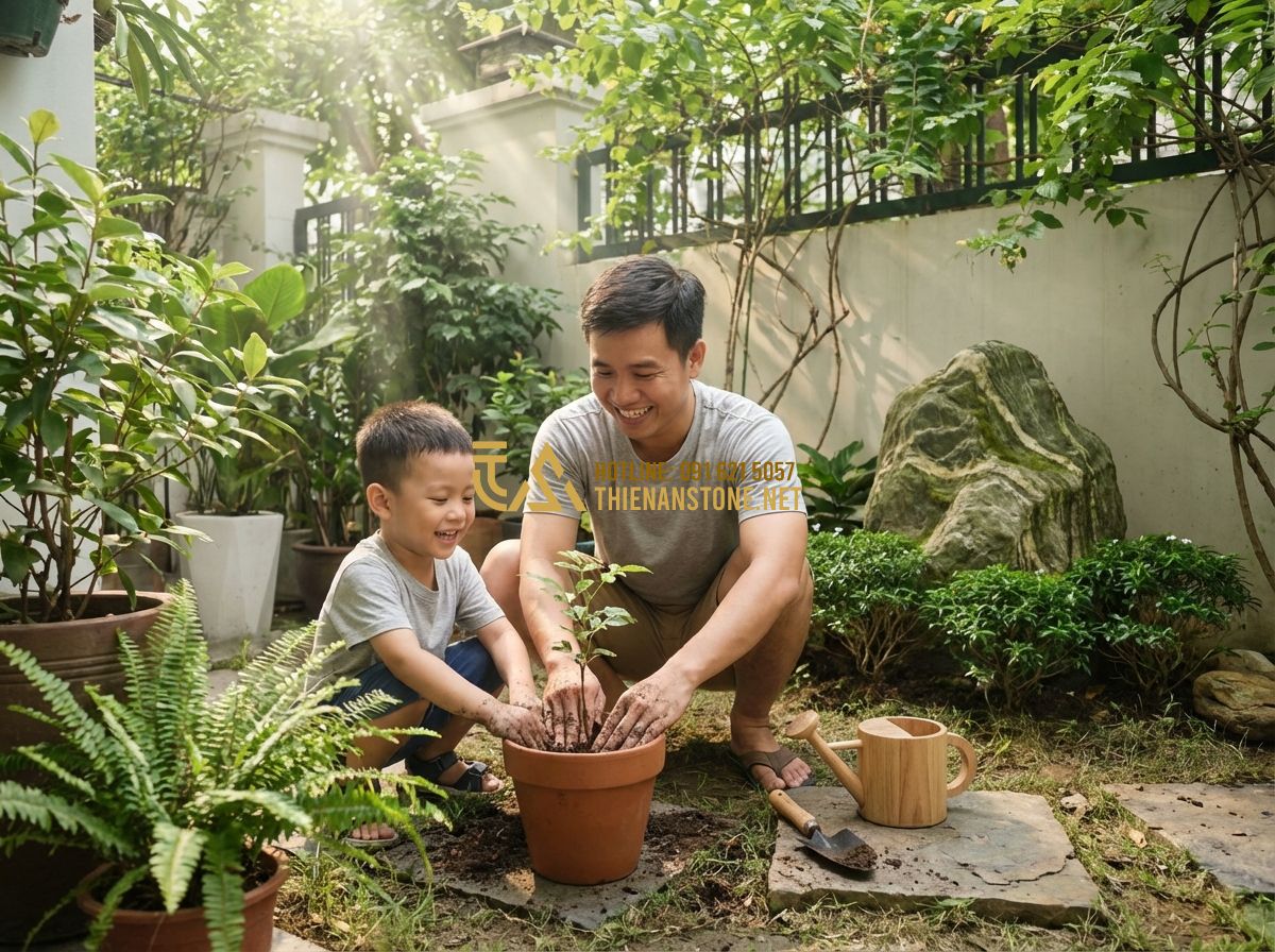 Thiết Kế Sân Vườn Nhà Ống 5-6m Đẹp & Tiết Kiệm Chi Phí - Hình 7 Thiết Kế Sân Vườn Nhà Ống 5-6m Đẹp & Tiết Kiệm Chi Phí - Tạo ảnh tiếng Anh: A happy family - father and young son - gardening together in