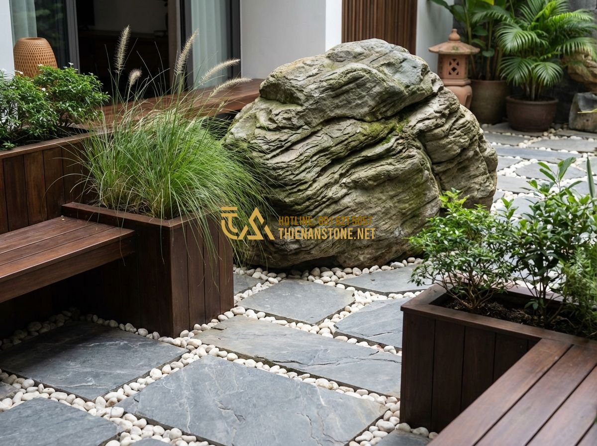 Thiết Kế Sân Vườn Nhỏ Đẹp - 40 Mẫu Sân Vườn Mini Diện Tích Hẹp Đẹp Nhất - Hình 4 Thiết Kế Sân Vườn Nhỏ Đẹp - 40 Mẫu Sân Vườn Mini Diện Tích Hẹp Đẹp Nhất - Tạo ảnh tiếng Anh: A detailed close-up of a small urban courtyard with built-in