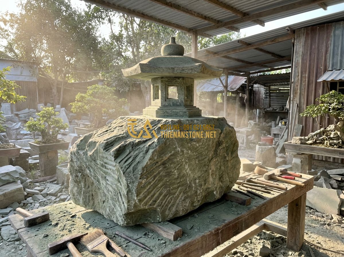 Thiết Kế Sân Vườn Phong Cách Nhật Bản Đẹp - Sân Vườn Thiền Hiện Đại - Hình 6 Thiết Kế Sân Vườn Phong Cách Nhật Bản Đẹp - Sân Vườn Thiền Hiện Đại - Tạo ảnh tiếng Anh: A group of skilled Vietnamese stone artisans at Thien An Ston