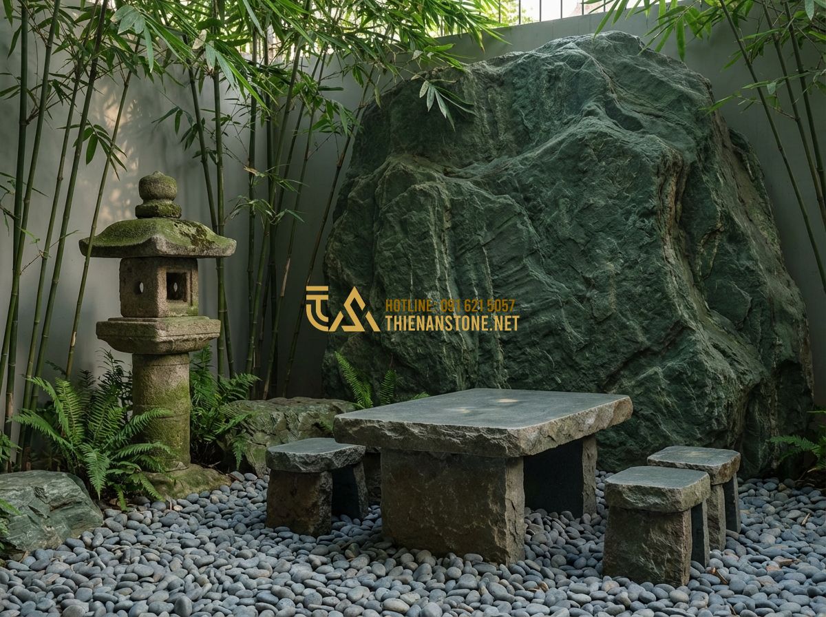 Thiết Kế Sân Vườn Trước Nhà Đẹp Cho Nhà Ống Và Nhà Phố - Tạo ảnh tiếng Anh: A handcrafted stone tea table set and a decorative stone lant
