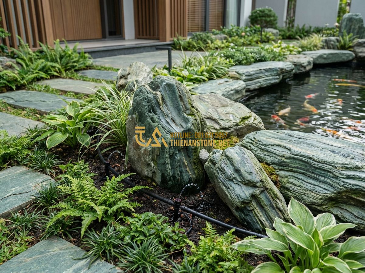 Thiết Kế Sân Vườn Trước Nhà Đẹp Cho Nhà Ống Và Nhà Phố - Tạo ảnh tiếng Anh: An automated drip irrigation system discreetly installed in a