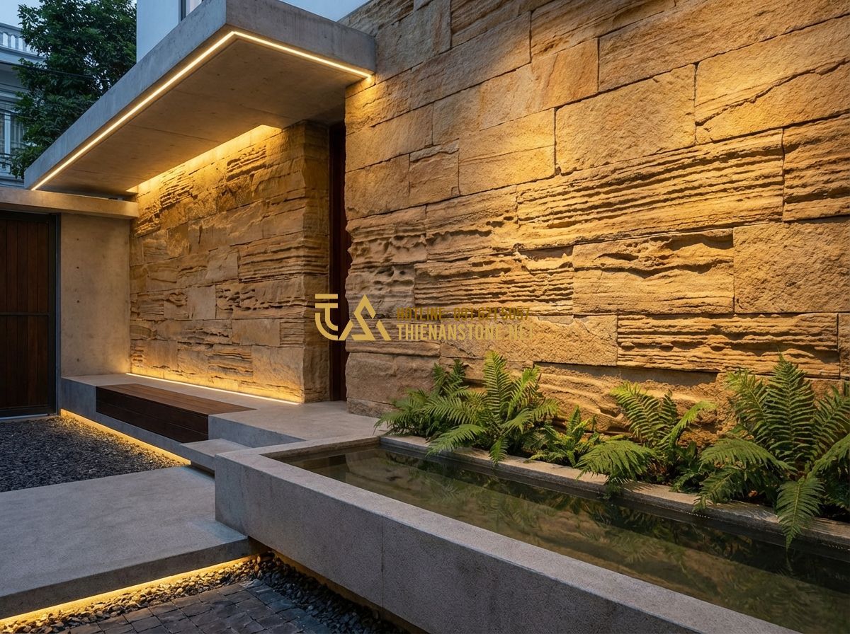 Thiết Kế Sân Vườn Trước Nhà Đẹp Cho Nhà Ống Và Nhà Phố - Tạo ảnh tiếng Anh: Close-up of a modern townhouse front yard with a combination 