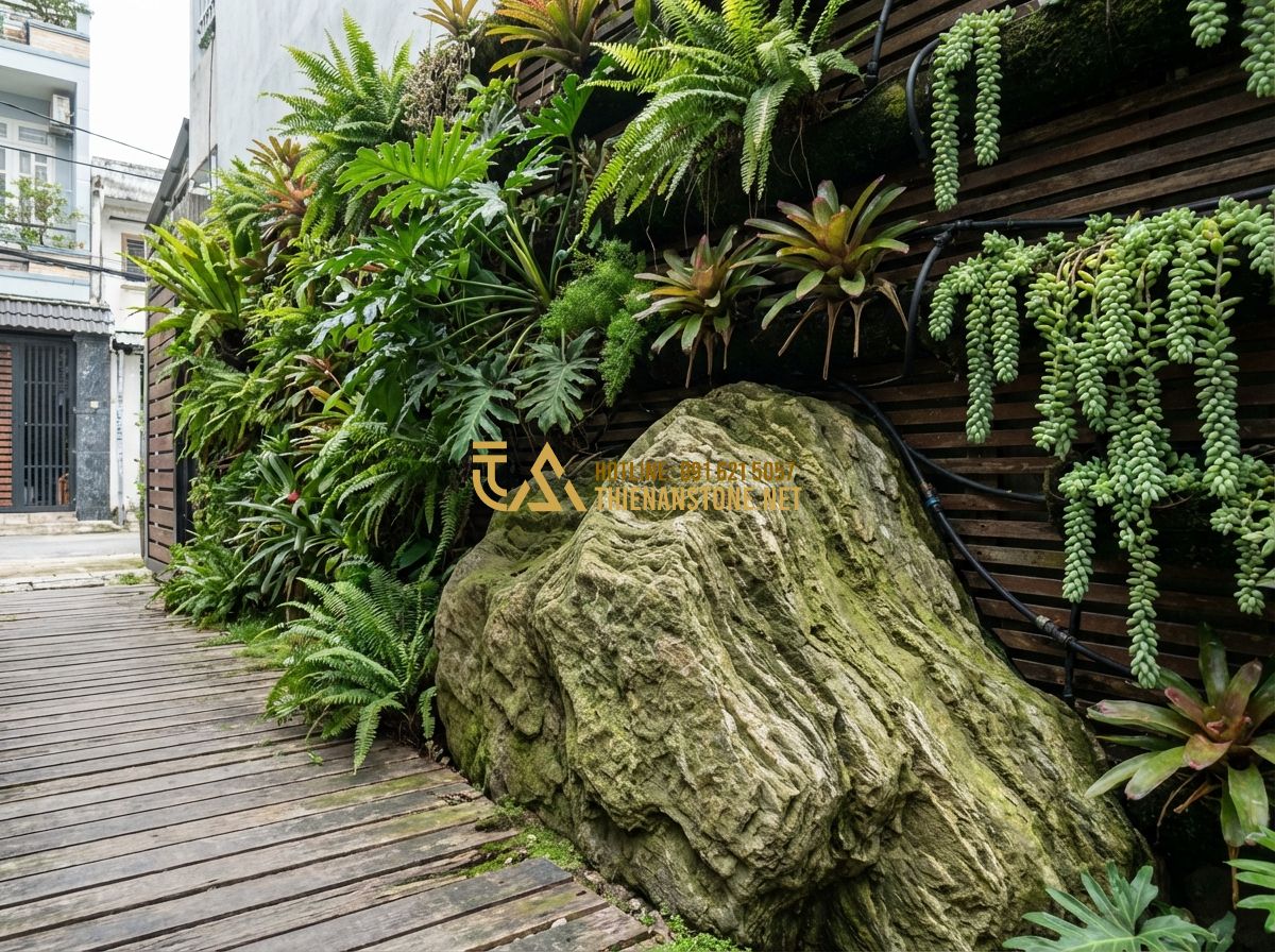 Thiết Kế Sân Vườn Trước Nhà Đẹp Cho Nhà Ống Và Nhà Phố - Tạo ảnh tiếng Anh: An innovative vertical garden design on the side wall of a na