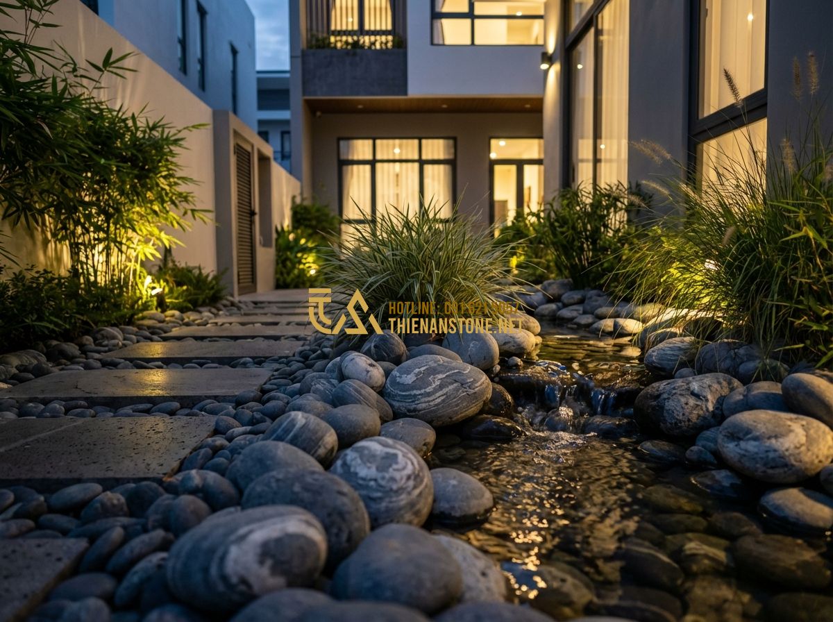 Thiết Kế Sân Vườn Trước Nhà Đẹp Cho Nhà Ống Và Nhà Phố - Tạo ảnh tiếng Anh: A cozy night view of a small front garden with warm lighting 