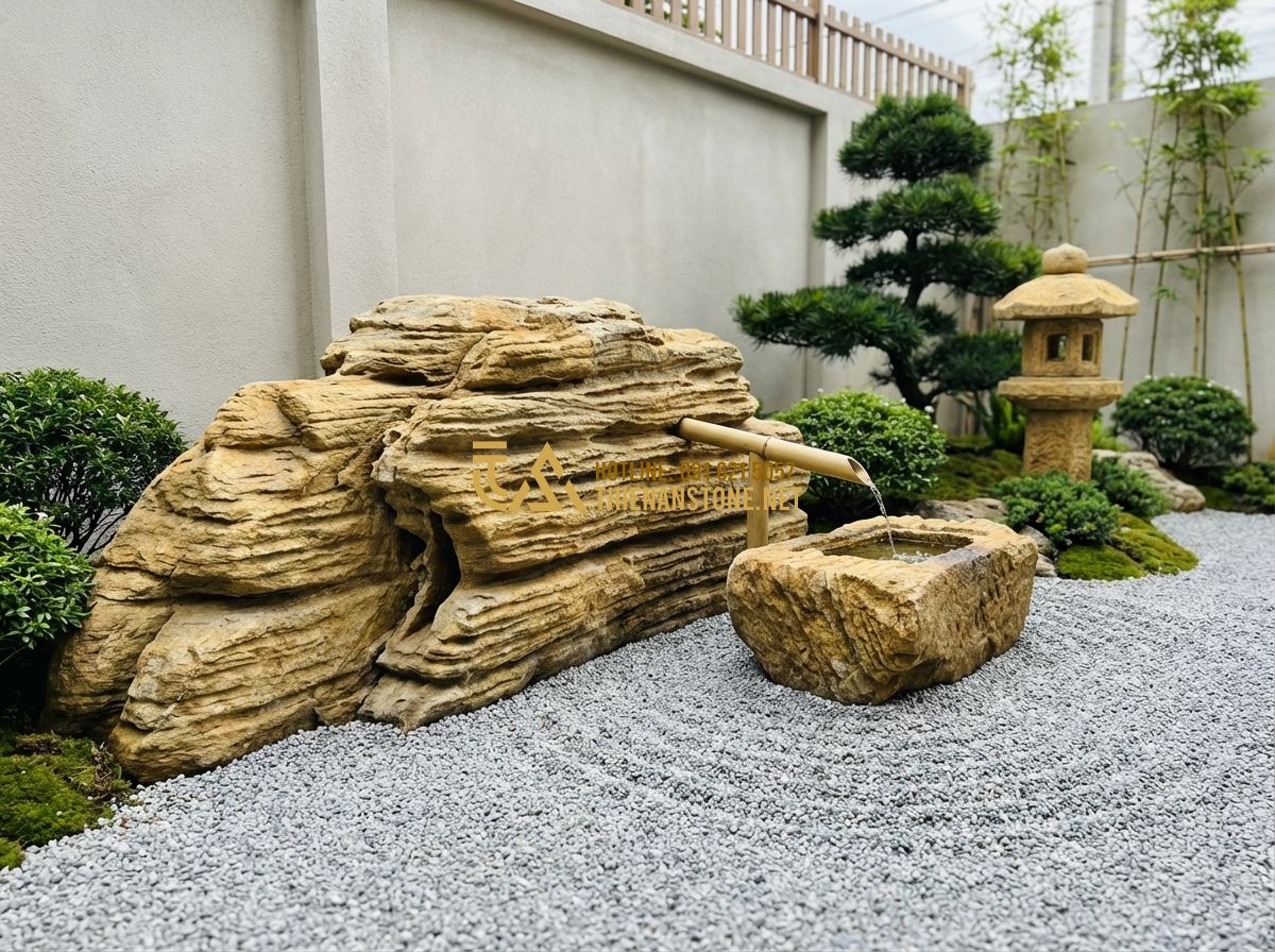 Thiết Kế Sân Vườn Trước Nhà Đẹp Cho Nhà Ống Và Nhà Phố - Tạo ảnh tiếng Anh: A serene Japanese Zen garden in a small front yard, featuring
