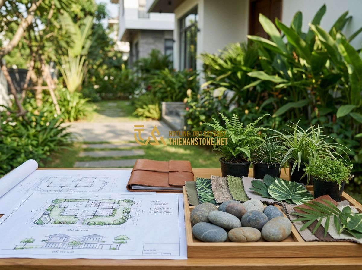 Thiết Kế Sân Vườn Trước Nhà Đẹp Cho Nhà Ống Và Nhà Phố - Tạo ảnh tiếng Anh: A professional landscape architect discussing a site plan wit