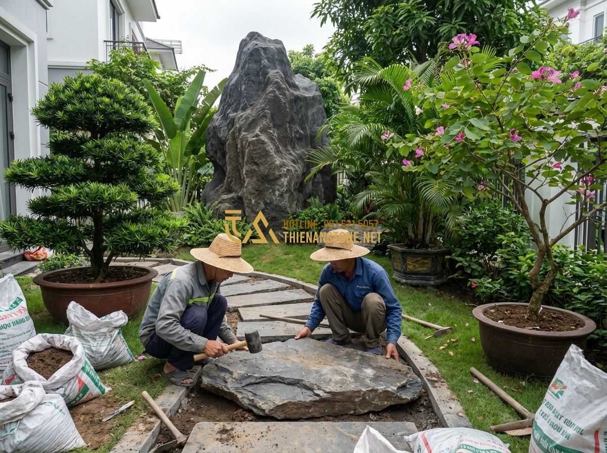 Thiết Kế Sân Vườn Trước Nhà Đẹp Cho Nhà Ống Và Nhà Phố - Tạo ảnh tiếng Anh: Skilled craftsmen carefully installing a stone pathway and pl