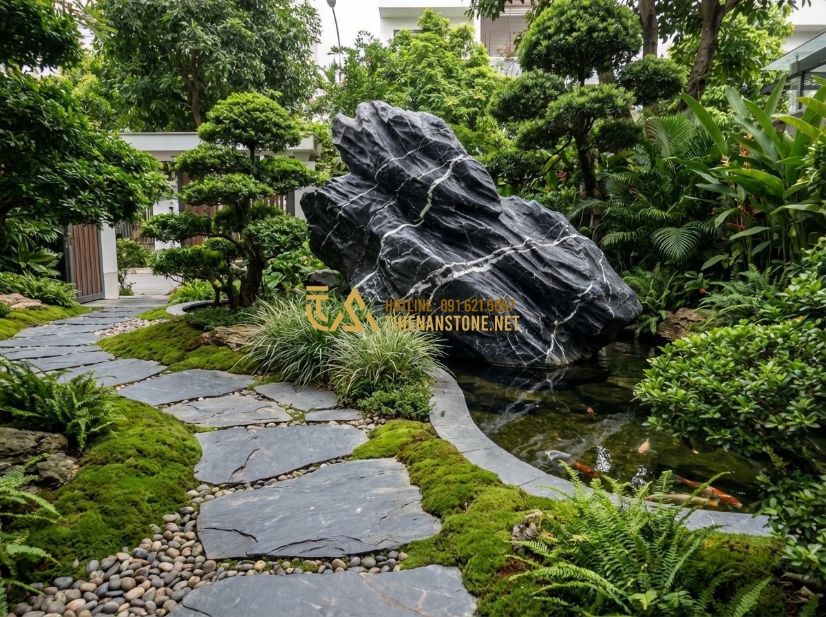 Thiết Kế Sân Vườn Trước Nhà Đẹp Cho Nhà Ống Và Nhà Phố - Tạo ảnh tiếng Anh: A beautiful garden path made of irregular natural slate stone