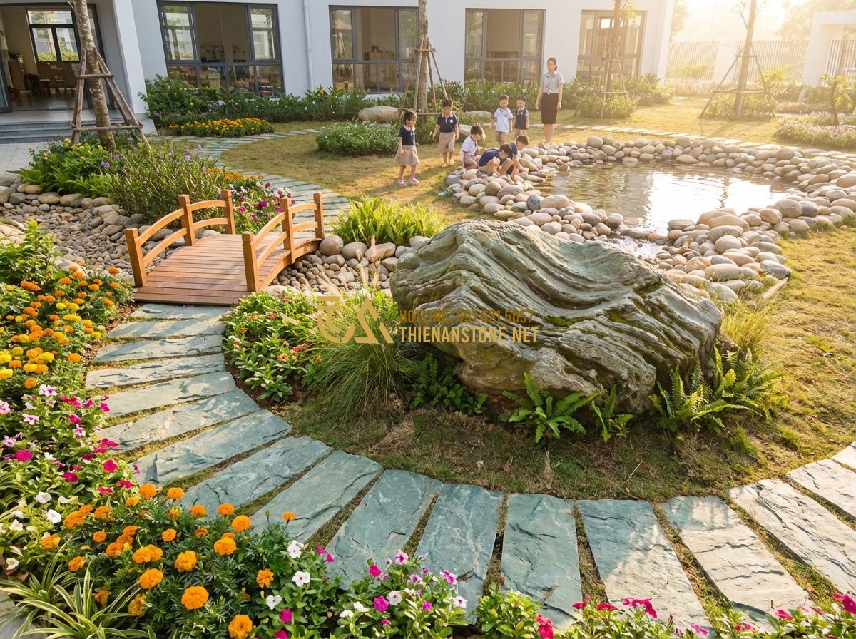 Thiết Kế Sân Vườn Trường Mầm Non - Khu Vui Chơi An Toàn & Xanh - Hình 1 Thiết Kế Sân Vườn Trường Mầm Non - Khu Vui Chơi An Toàn & Xanh - Tạo ảnh tiếng Anh: A panoramic high-angle view of a modern preschool garden desi