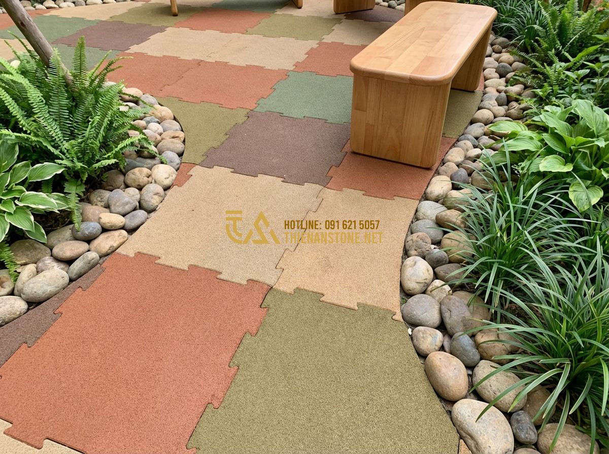 Thiết Kế Sân Vườn Trường Mầm Non - Khu Vui Chơi An Toàn & Xanh - Hình 2 Thiết Kế Sân Vườn Trường Mầm Non - Khu Vui Chơi An Toàn & Xanh - Tạo ảnh tiếng Anh: Close-up of a safe playground surface with soft rubber floori