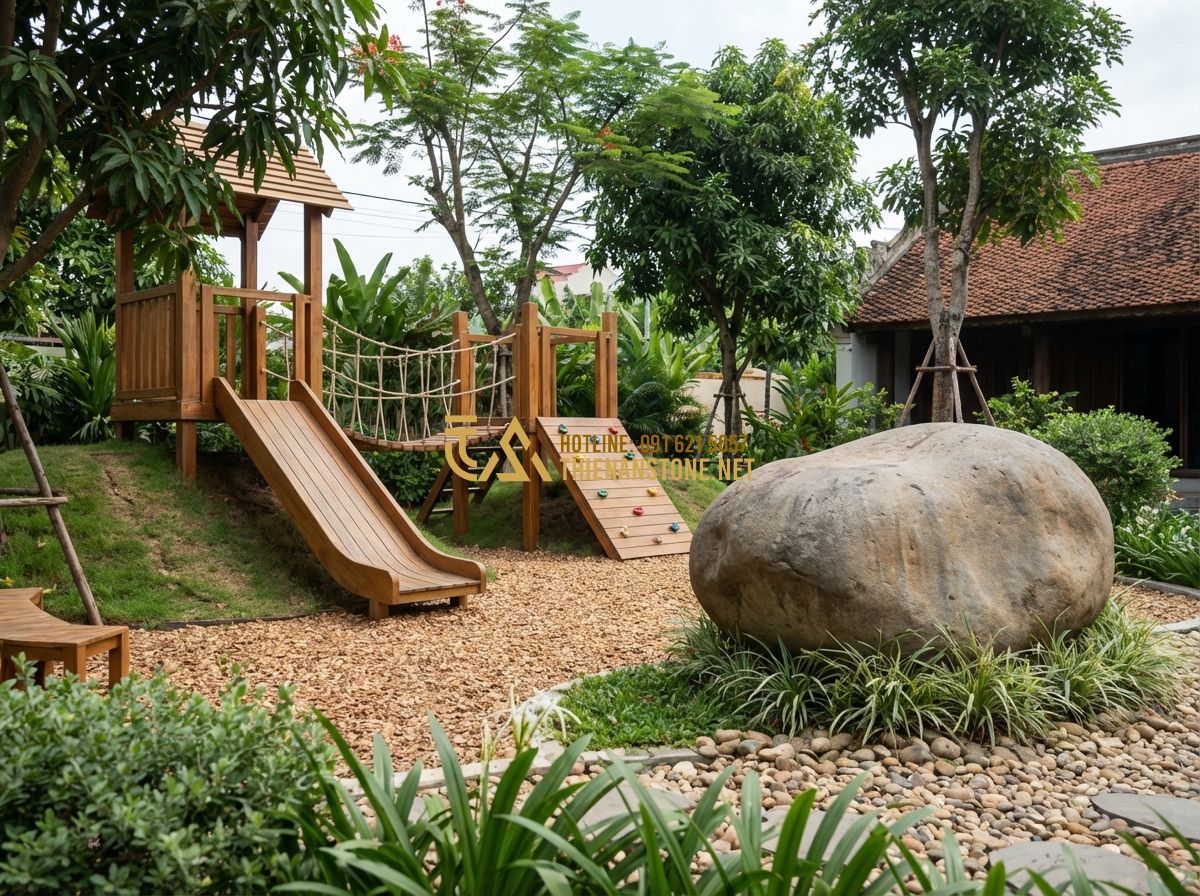 Thiết Kế Sân Vườn Trường Mầm Non - Khu Vui Chơi An Toàn & Xanh - Hình 4 Thiết Kế Sân Vườn Trường Mầm Non - Khu Vui Chơi An Toàn & Xanh - Tạo ảnh tiếng Anh: A sophisticated wooden multi-activity playground set in a pre