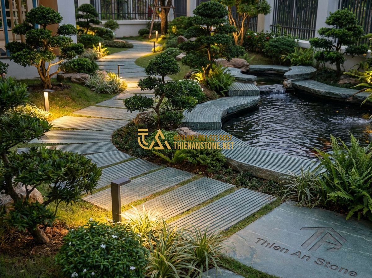 Thiết Kế Sân Vườn Trường Mầm Non - Khu Vui Chơi An Toàn & Xanh - Hình 7 Thiết Kế Sân Vườn Trường Mầm Non - Khu Vui Chơi An Toàn & Xanh - Tạo ảnh tiếng Anh: A beautiful evening shot of a finished preschool garden with